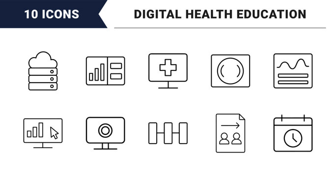 Virtual care training line icon set. Vector pictograms of telehealth, e-learning, digital health, and clinical education elements, thin linear illustration.