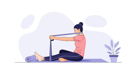 Fototapeta premium Woman Stretching Hamstring with Resistance Band for Physical Therapy and Rehabilitation