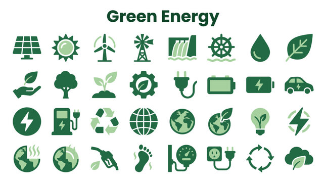 Green energy icons collection solar panel wind turbine water dam leaf drop and electric car symbols for renewable power and eco friendly technology concepts