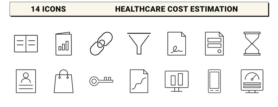 Medical billing line icon set. Vector pictograms of healthcare, finance, expense, and cost elements, thin linear illustration.