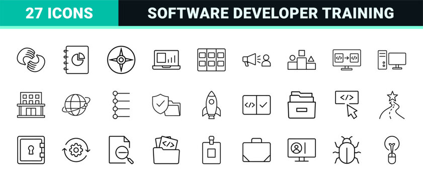 Coding education program line icon set. Vector pictograms of programming, learning, curriculum, and career elements, thin linear illustration.