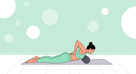 Obraz premium Woman Foam Rolling Back on Yoga Mat - Back Pain Relief and Muscle Recovery