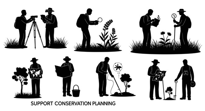 Ecologists conduct field research in a lagoon reserve ecosystem collecting data on plants and wildlife habitat.