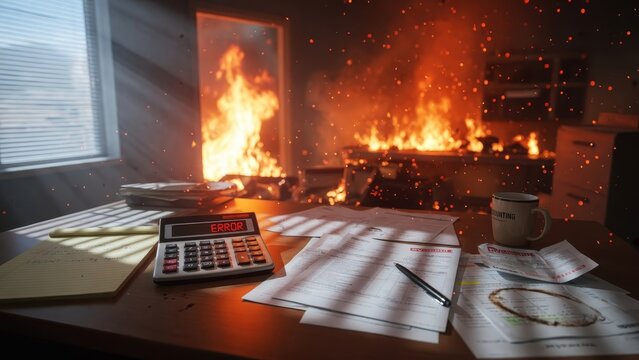 Burning office with documents and a calculator on desk