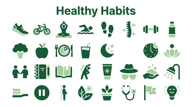 Healthy Habits Icons Set representing a balanced lifestyle with fitness nutrition sleep and wellbeing activities isolated on a light background