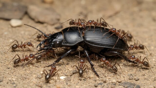 Close-up of ants attacking a beetle on dirt