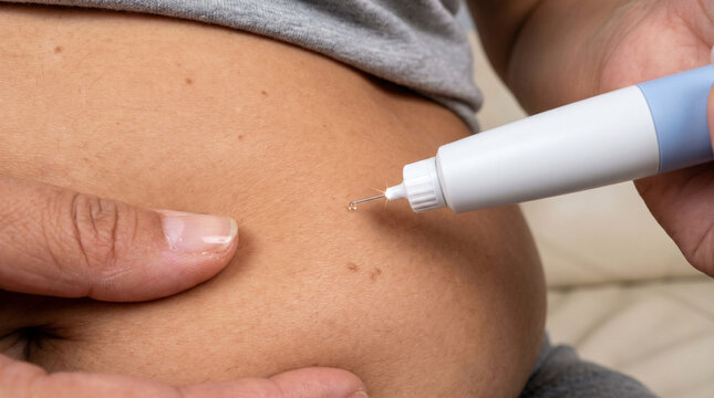 Close-up of a plus-size woman's belly. Plus-size woman administering weight-loss injection, focused on torso and hands, medical journey concept