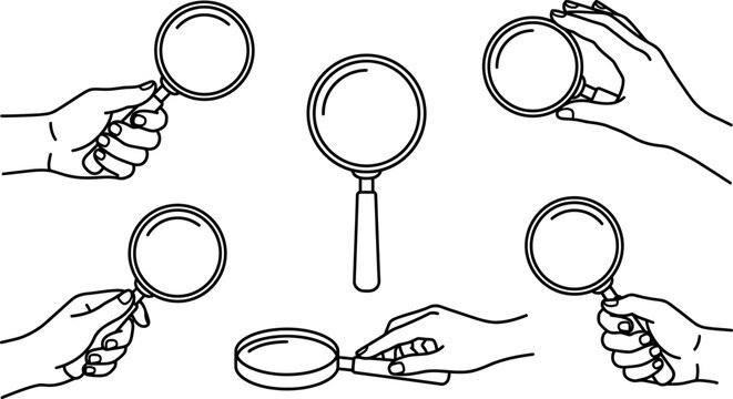 A set of six magnifying glass icons in various hand positions