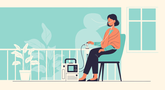 Woman on balcony using oxygen concentrator for respiratory support, home healthcare concept