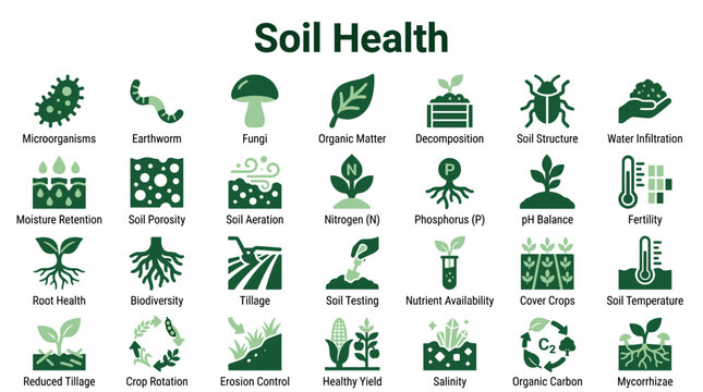 Soil health infographic icons representing microorganisms earthworms fungi organic matter decomposition soil structure