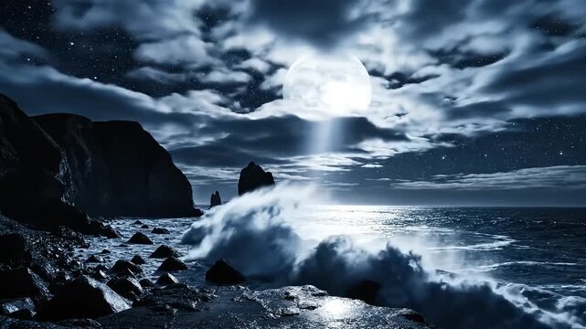 Dramatic moonlit waves crash against a rocky shore under a starry night sky.
