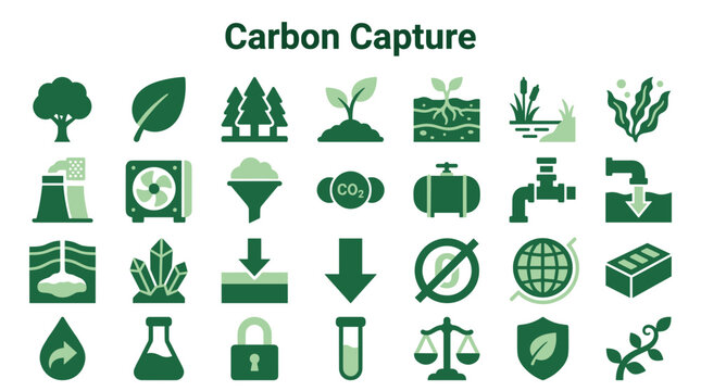 Carbon capture technology and environmental protection concepts illustrated with icons for sustainability and climate change solutions