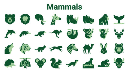 Obraz premium Collection of Mammal Icons Featuring Diverse Wildlife Species in Green Silhouette Style Perfect for Educational and Nature Projects
