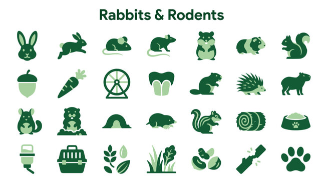 Collection of cute cartoon icons representing rabbits rodents and related items like carrots cages and food for pet care and wildlife themes