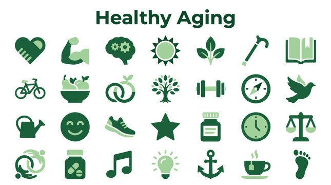 Healthy Aging Icons Representing Wellness Fitness Nutrition and Active Senior Lifestyle with Green Elements
