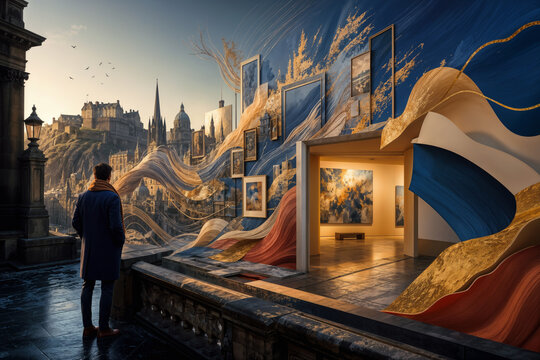 Edinburgh Art Festival cinematic cityscape with classical stone architecture transforming into luminous brushstrokes layered paper cut forms and floating gallery frames
