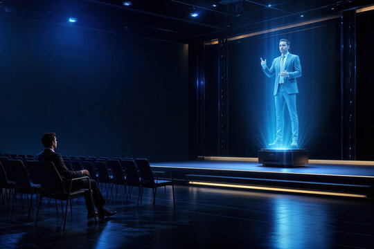 Holographic workforce town hall with single attendee watching 3D light-field hologram business person on stage representing hybrid workplace telepresence future of work