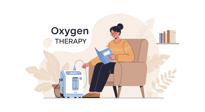 Woman Reading Book with Oxygen Concentrator at Home, Oxygen Therapy Concept