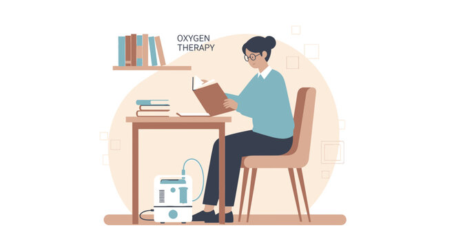 Woman Reading Book with Oxygen Concentrator at Home