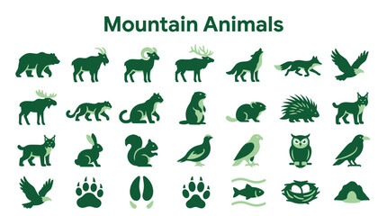 Obraz premium Collection of Mountain Animals Icons and Symbols Diverse Wildlife Fauna Nature Elements Flat Design Graphics