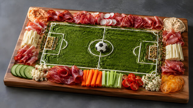 A contemporary soccer inspired appetizer board highlights premium ingredients with artistic presentation