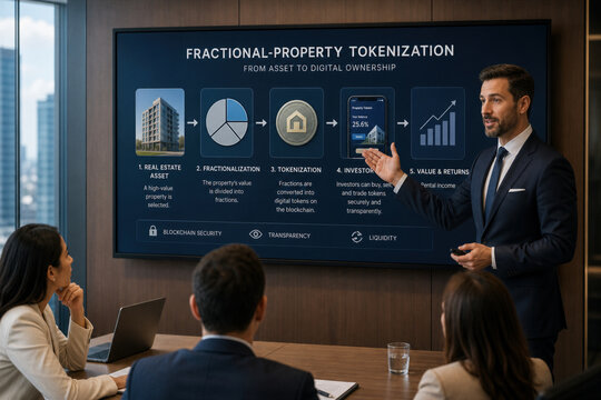 Fractional-property tokenization presentation in conference room business professional explaining blockchain real estate asset digitization investment liquidity transparency returns