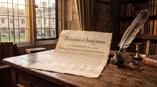 The Declaration of Independence on a wooden desk in a library