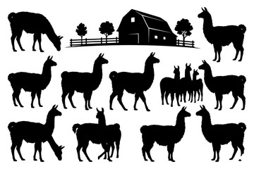 Obraz premium Llama silhouettes with barn and trees in farm scene.