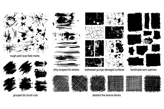 Rough paint scars and distressed texture blocks collection.