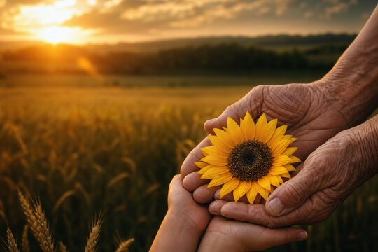 Grandparents Day sunflower hands passing tradition September family legacy wisdom heritage multigenerational autumn bond love care connection memory respect time story harvest