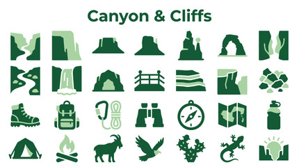Collection of flat design icons representing canyons, cliffs, waterfalls, hiking gear, wildlife, and desert plants for outdoor adventure and travel themes. © Iconique Studio