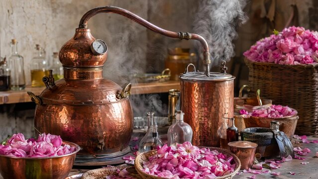 distillation. Copper distillation apparatus with rose petals, traditional perfume making. safety posters, maintenance manuals, designed for industrial assembly lines and welding operations.