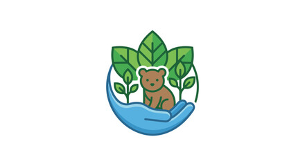 Cute Bear Cub in Caring Hands with Green Leaves Logo © Tid
