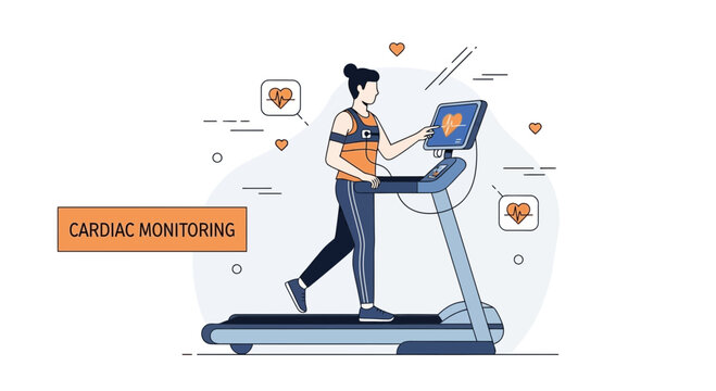 Woman Exercising on Treadmill with Cardiac Monitoring Device