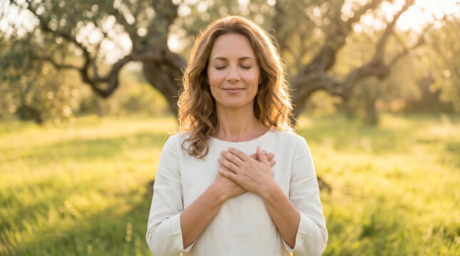 Peaceful woman with closed eyes holding hands on chest in nature park