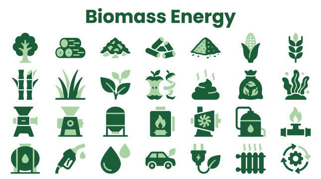Biomass energy icons concept renewable green energy sources agriculture waste biofuels and sustainable power generation alternative fuel technology infographic elements