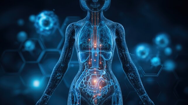 Polycystic Ovary Syndrome PCOS medical illustration showing female reproductive system, ovarian cysts, hormonal imbalance, symptoms and health complications for medical education 