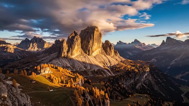 Majestic mountain peaks bathed in golden sunset light, with dramatic clouds and autumn foliage below.