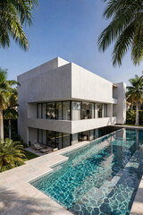 Fototapeta premium Exterior of amazing modern minimalist cubic villa with large swimming pool among palm trees