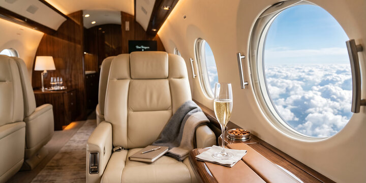 Luxury private jet interior with plush leather seats glass of champagne and snacks offering comfort and opulence during airborne travel above clouds.