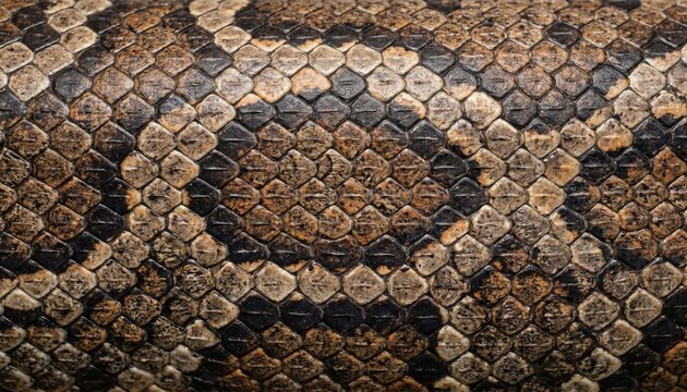 Close-up of a snake skin showcasing detailed patterns and textures. The scales display a mix of earthy tones, highlighting the beauty of reptilian anatomy.