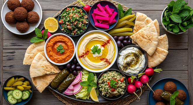 Mezze platter displays vibrant colors of hummus, falafel, and pickled vegetables on a rustic wood.
