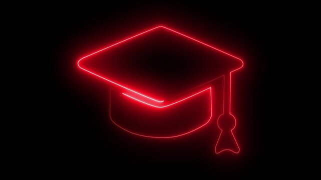 Glowing red neon graduation cap icon representing academic achievement and success for students on a dark black background as a symbol of education and learning for school university graduation events