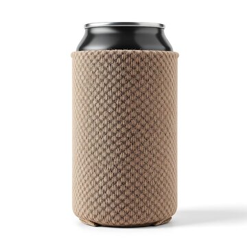 Metal beverage drink can with a grey textured fabric neoprene sleeve holder for cold insulation. koozie mockup