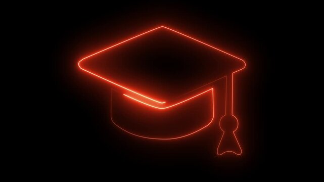 Glowing orange neon graduation cap icon with a tassel isolated on a dark black background representing academic success and university education