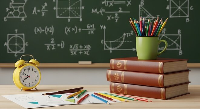 Mathematics classroom setup with books clock and chalkboard equations
