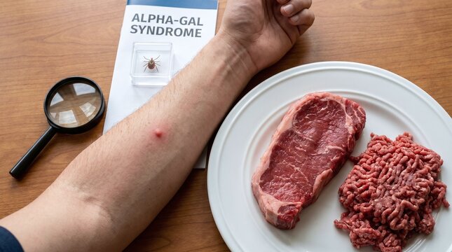 Lone star tick bites cause red bumps on skin, linking to alpha-gal syndrome allergy, medical diagnosis concept with raw meat and awareness pamphlet.