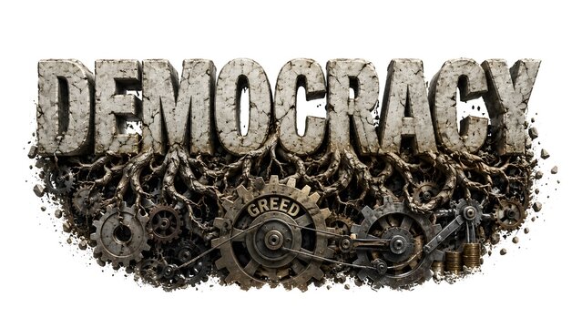 Cracked stone democracy text typography connected to rusty metallic gears with greed inscription, conceptual illustration of political system