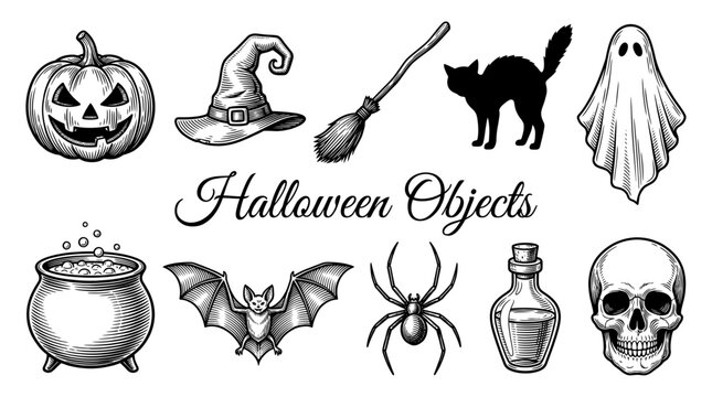 Vintage Halloween Objects Collection Vector Illustration Set featuring Engraved Style Pumpkin Skull Ghost and Witch Icons