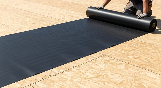 Construction Worker Installing Black Roofing Underlayment on Plywood Deck
